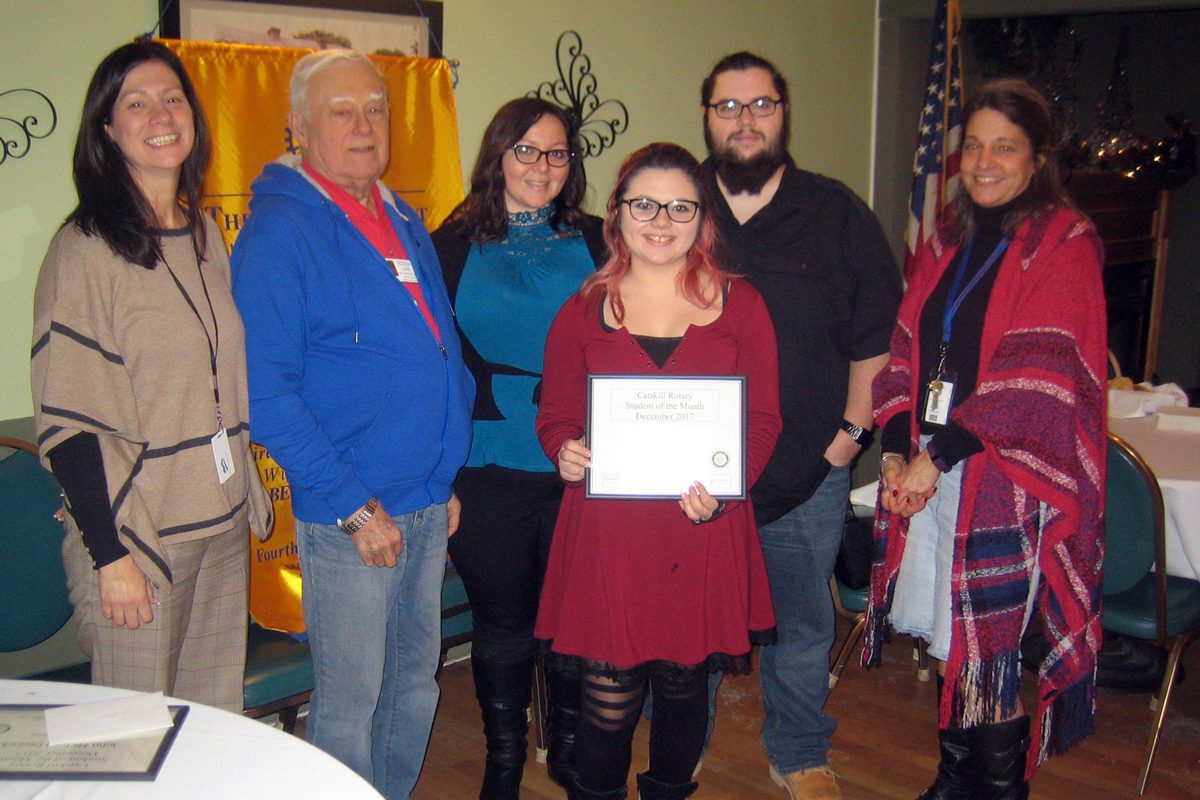The honor also includes a free lunch. Pictured left to right are Catskill Rotary President Heather Bagshaw, Awards Chair Roger Lane, Chrystal DiRaffaele, Student of the Month Raven DiRaffaele, John DiRafaele, and Middle School Guidance Counselor Beth Daly.