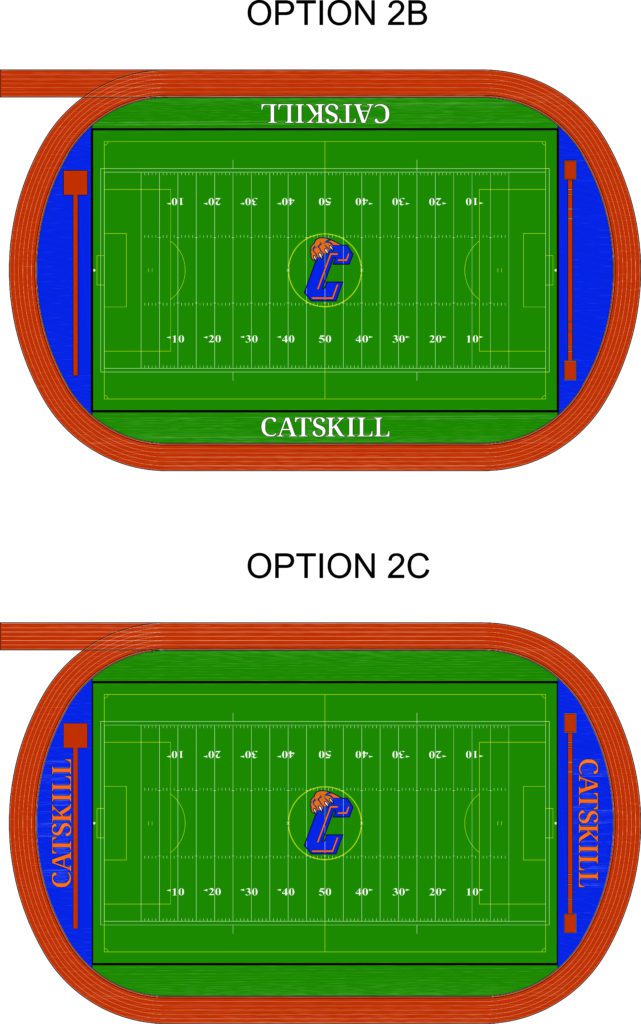 image showing field layout for option 2b with Catskill on the sidelnes, and option 2c with Catskill in the endzones