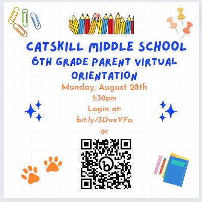 6th grade parent orientation flyer with QR code.