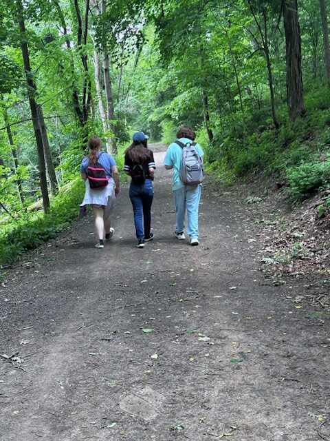 students walking trail in woods