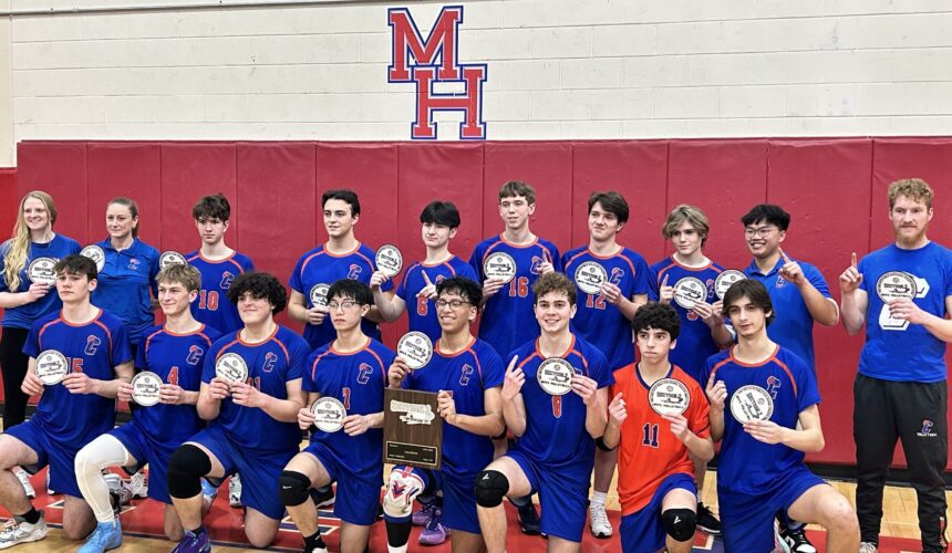 Catskill boys varsity volleyball team with section 2 championship plaques