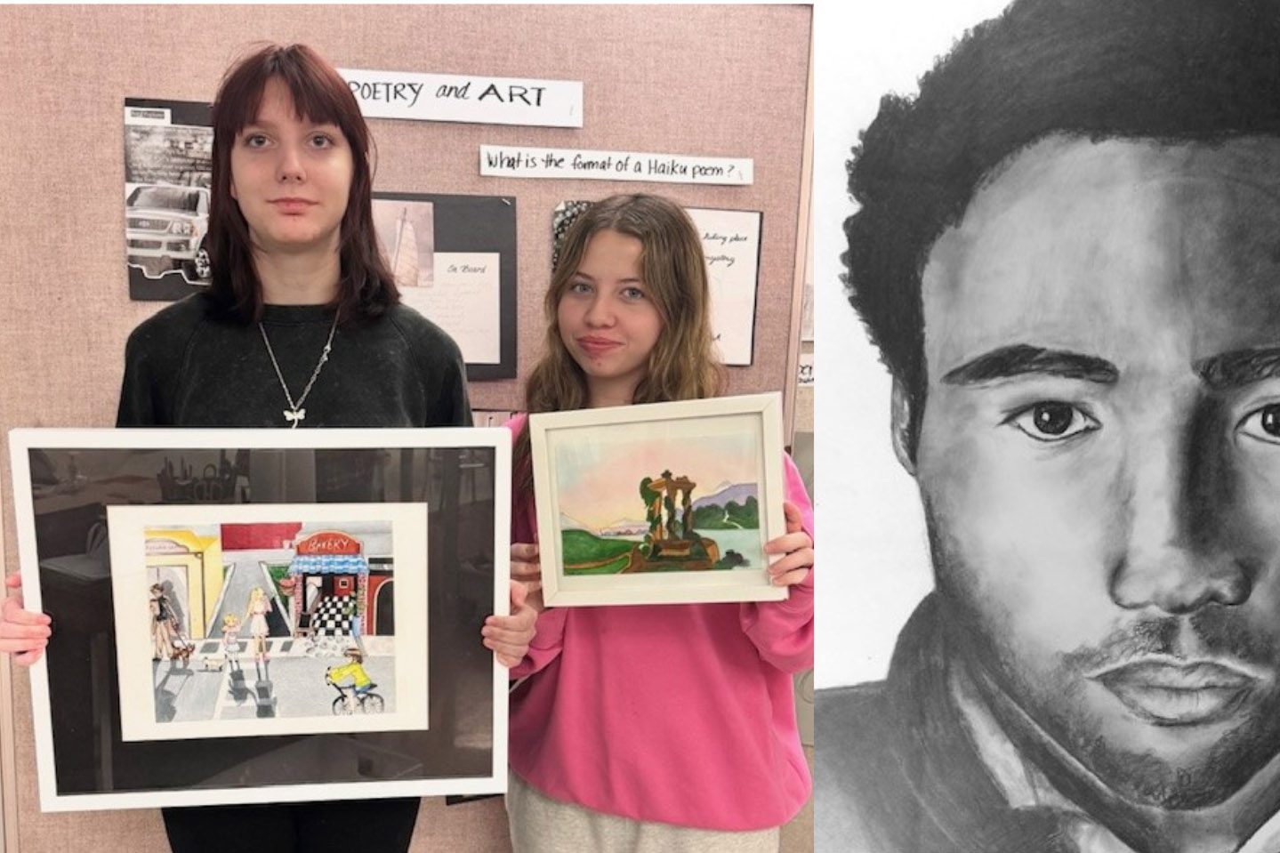 two girls holding artwork and charcoal drawing of young man
