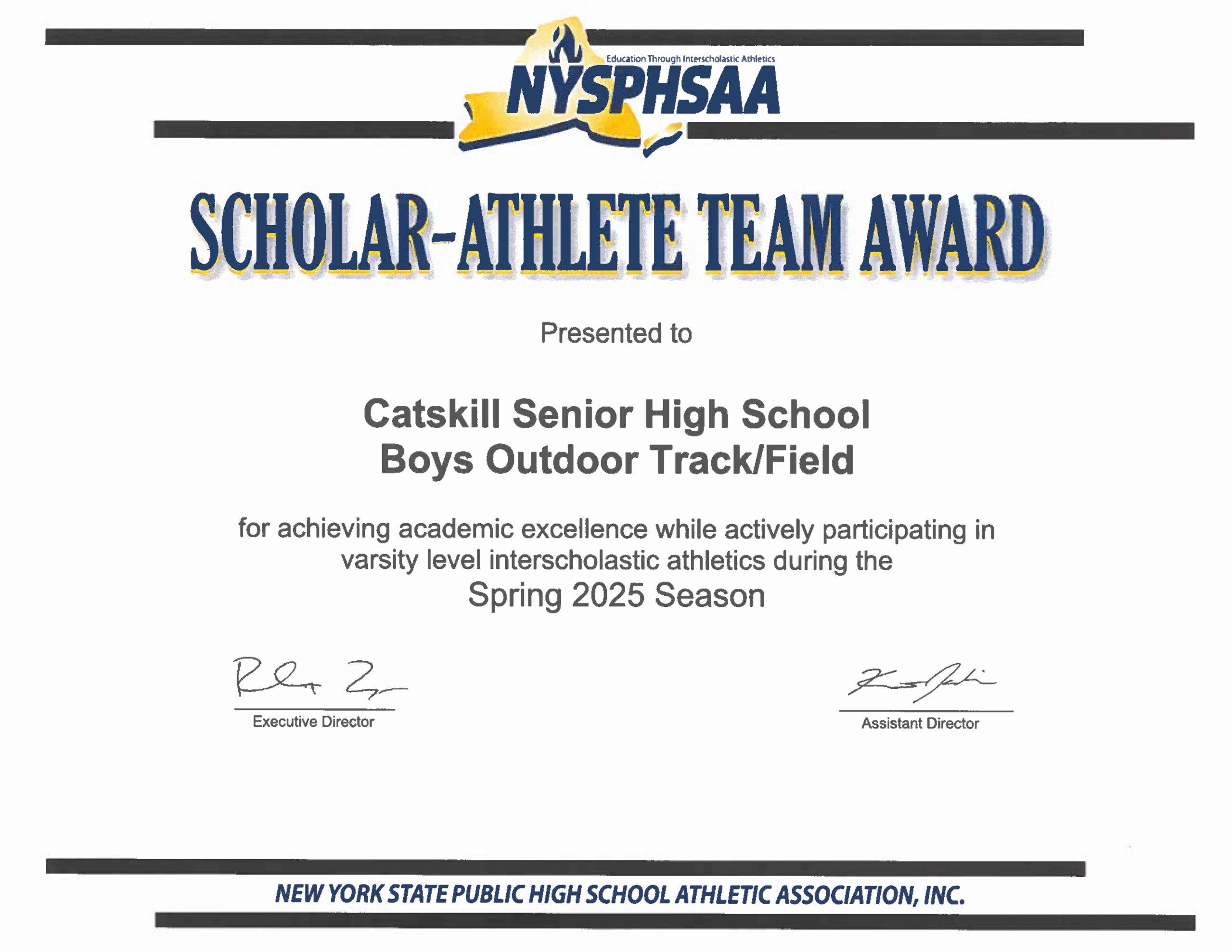 Boys Track & Field scholar-athlete award certificate
