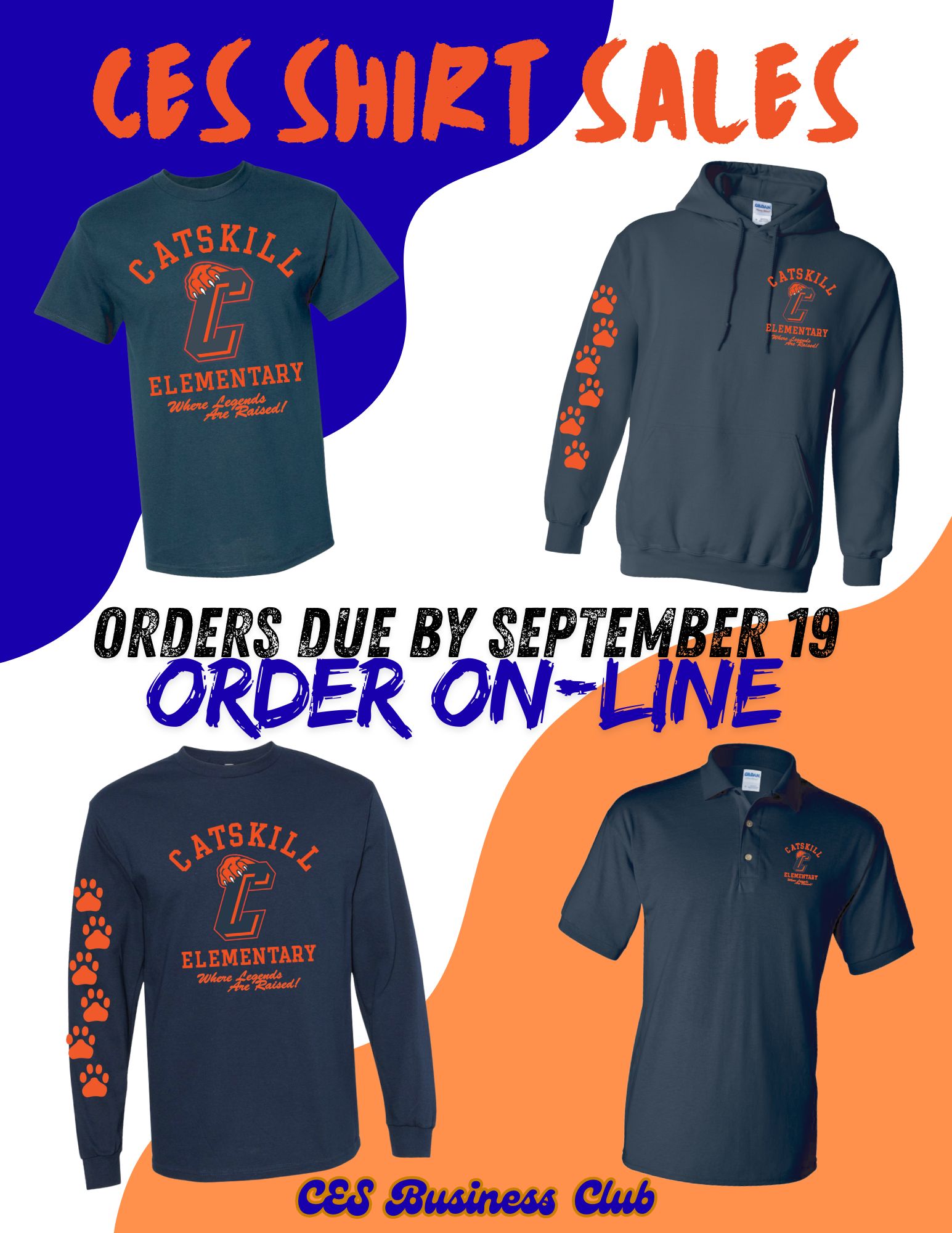 image of polo shirt, t-shirt, crewneck sweatshirt, and hooded sweatshirts with Catskill logo