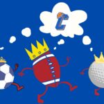 Soccer ball, football, and tennis ball with legs and arms wearing crown and thinking about CCSD