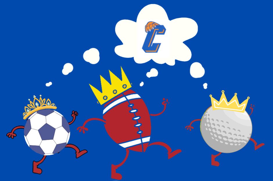 Soccer ball, football, and tennis ball with legs and arms wearing crown and thinking about CCSD