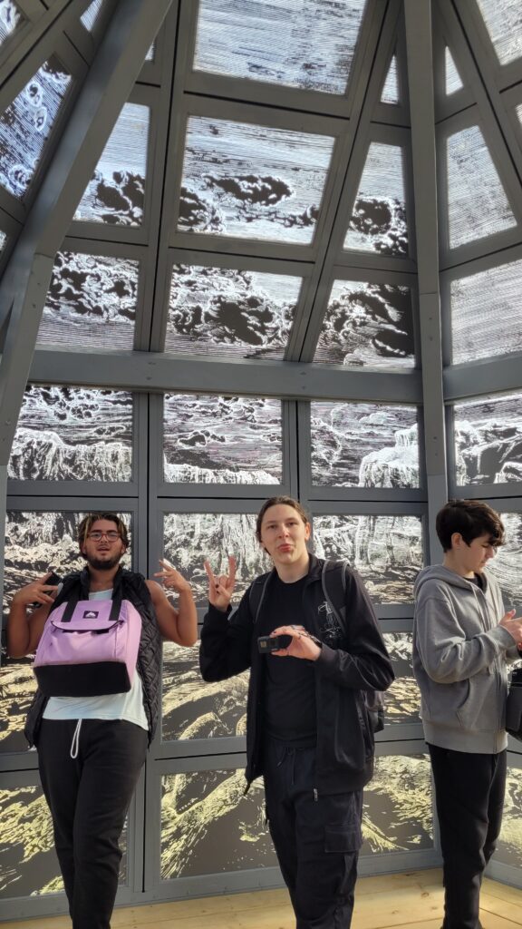 students inside glass building