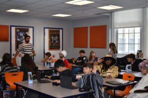 students wearing costumes in class