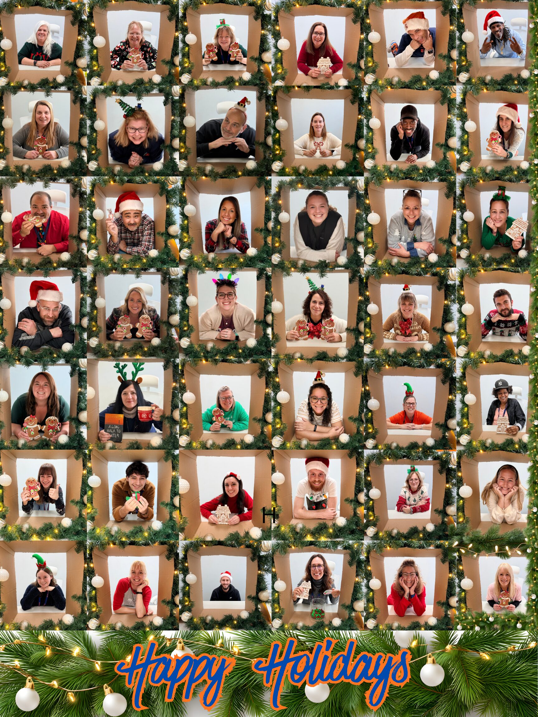 colloage of photos of teachers in holiday frames where holiday hats and clothing 