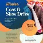 Poster advertising the Cats Care Room Winter Coat & Shoe Drive. The deadline is the end of December. Donations of gently used coats (sizes 5-14), winter boots, and sneakers (kids sizes) are requested. Drop-off is at the CES Vestibule.