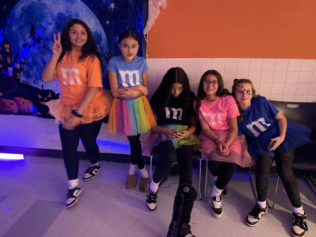 girls dressed at M&Ms