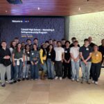 student pose for group photo with sign welcomming themto Google building