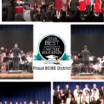photo collage of musical ensembles performing and Best Community for Music Education logo
