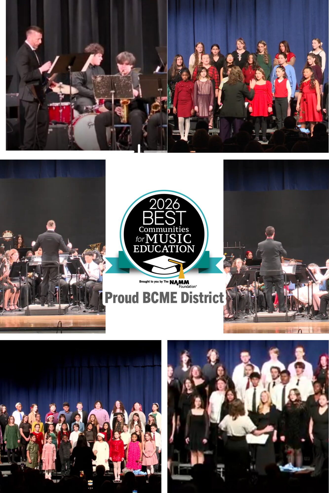 photo collage of musical ensembles performing and Best Community for Music Education logo