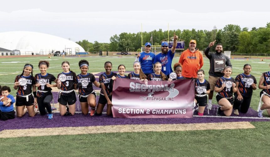 ffw Catskill flag football team with Section 2 champion banner